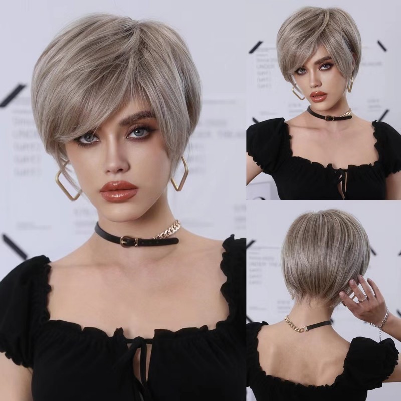 Short Straight Hair with Angled Bangs Champagne Blonde Pixie Cut Wig