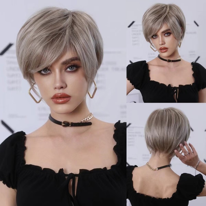 Synthetic Wig Short Straight Hair Oblique Bangs Champagne Blonde Hair Elf Cut 