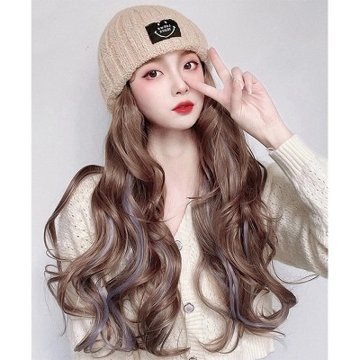 Knit Hat with Ear Flaps and Dyed Long Curly Hair AT171