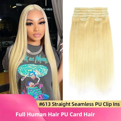 Human Hair Full Real Hair PU Clip Hair Straight 6 Pieces #613