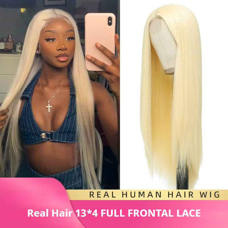 Human Hair Full Frontal Lace Wig Long Straight 613 HD 200% 4*4