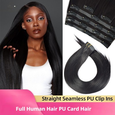 Human Hair Full Real Hair PU Clips Real Hair Extensions Straight 6 Pieces