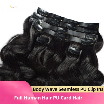Human Hair Full Real Hair PU Clip Hair Curly Body Wavy 6 Pieces