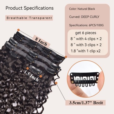 Human Hair Full Real Hair PU Clips Real Hair Extensions Deep Curly 6 Pieces