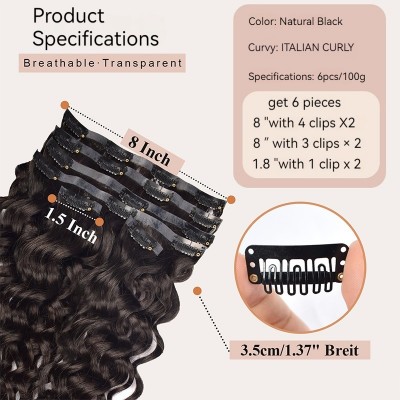 Italian Curly 6 Pieces PU Clips Real Hair Extensions - Italian Curls, Full Real Hair, Clip-On Experience Mediterranean Flair, Effortlessly Showcase Exotic Appeal