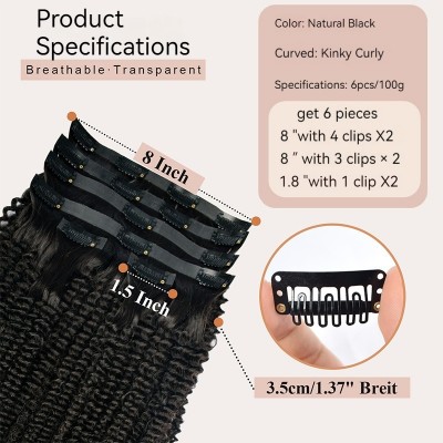 Human Hair Full Real Hair PU Clips Real Hair Extensions Kinky Curly 6 Pieces