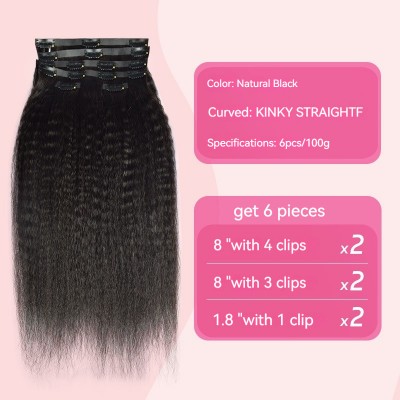 Kinky Straight 6 Pieces PU Clips Real Hair Extensions - Naturally Straight, Full Real Hair, Clip-On Exhibit Simplicity Elegance, Effortlessly Shape Urban Lady Image