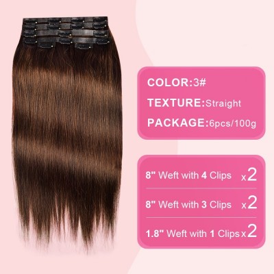 PU Clip Hair Straight 6 Pieces #3 Dark Brown - Rich Brown Strands, Full Real Hair, Clip-On Colorful Impact, Effortlessly Craft Classic Hue, Elegant Charm Instantly Upgraded