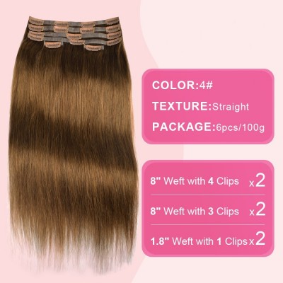 PU Clip Hair Straight 6 Pieces #4 Natural Brown - Warm Brown Hues, Full Real Hair, Clip-On Blend into Daily Life, Effortlessly Cultivate Natural Beauty