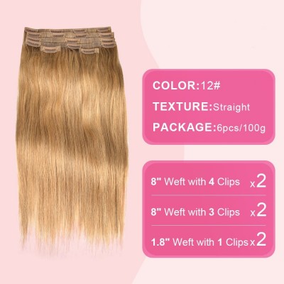 PU Clip Hair Straight 6 Pieces #12 Light Gold - Glistening Brilliance, Full Real Hair, Clip-On Illuminate Your Look, Effortlessly Steal the Spotlight at Parties