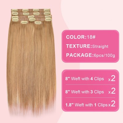 PU Clip Hair Straight 6 Pieces #18 Classic Blonde - Authentic Golden Locks, Full Real Hair, Clip-On Flaunt European-American Style, Swiftly Upgrade to International Chic