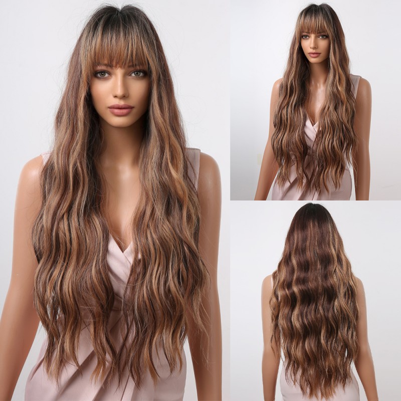 Synthetic Wig Highlight Brown Wig Long Curly Hair Ready To Go