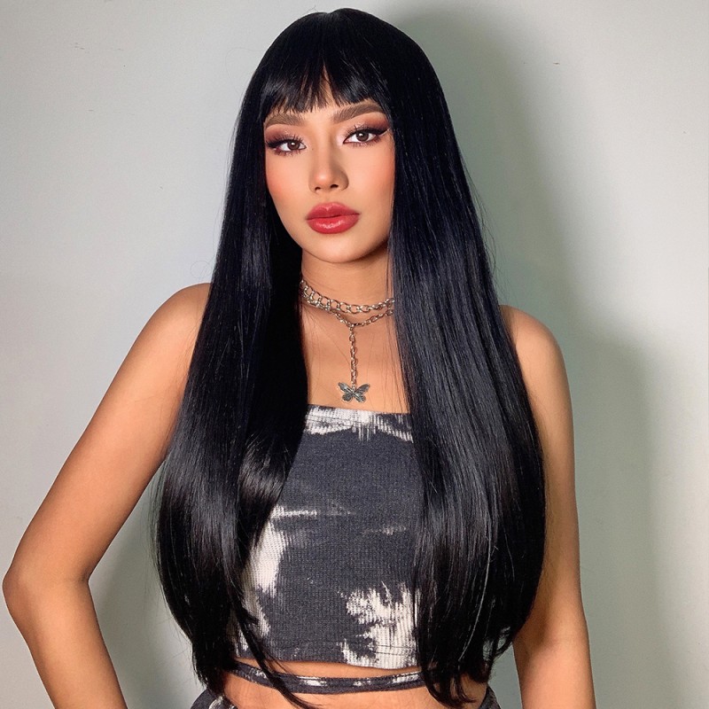 Synthetic Wig Yinraohair Black Wig With Bangs Long Straight Hair Ready to Go
