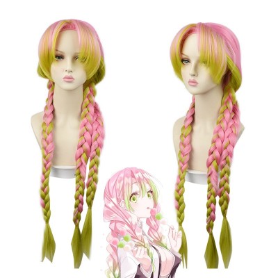 Demon Slayer Kanroji Mitsuri Cosplay Wigs Pink Green Long Hair 90CM