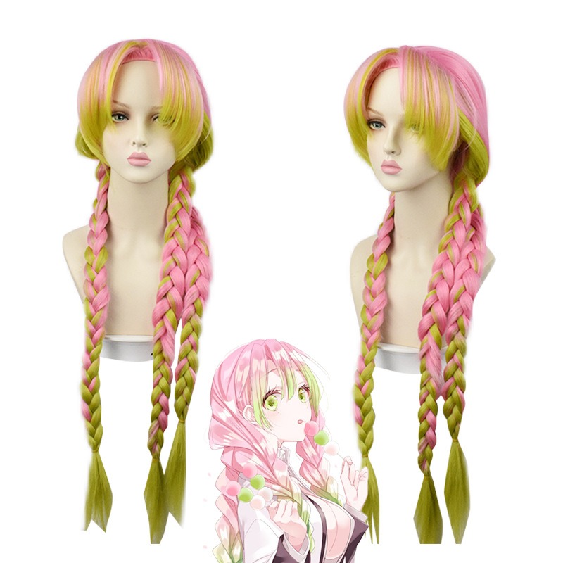 Demon Slayer Kanroji Mitsuri Cosplay Wigs Pink Green Long Hair 90CM