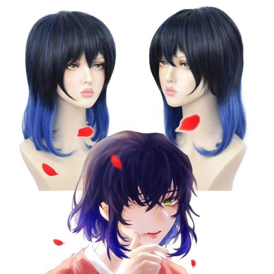 【Beast's Fury】Hashibira Wig - Bold 40cm Black & Sapphire for Rugged Demon Slayer Cosplay Adventure