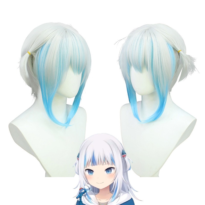 Virtual Idol Gawr Gura Cosplay Wigs Silver Blue Short Hair 35CM