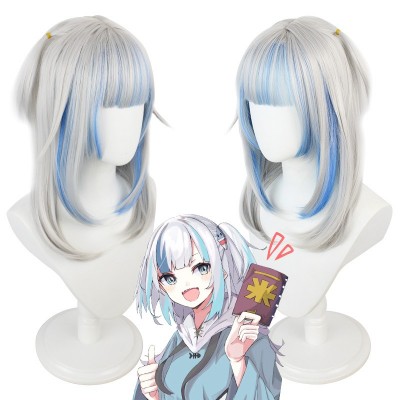 Virtual Idol Gawr Gura Cosplay Wigs Silver Blue Long Hair 55CM