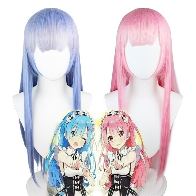 Starting Life in Another World Ram Cosplay Wigs Light Blue and Pink Long Hair 80CM