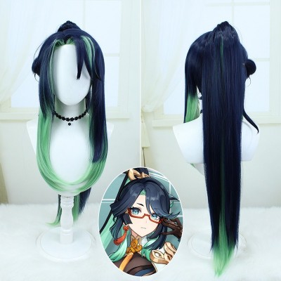 Genshin Impact Xianyun Cosplay Wigs Blue Highlight Green Long Hair 90CM