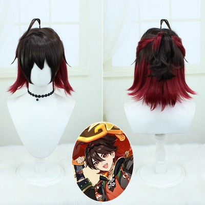 【Radiant Reveler】Jiaming Genshin Impact Wig - Sparkle with Brown-Red Highlights, 35CM Vivid Locks & Festive Flair