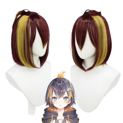 Virtual Streamer Petra Gurin Penguin Cosplay Wigs Brown Red Highlight Yellow Short Hair 35CM