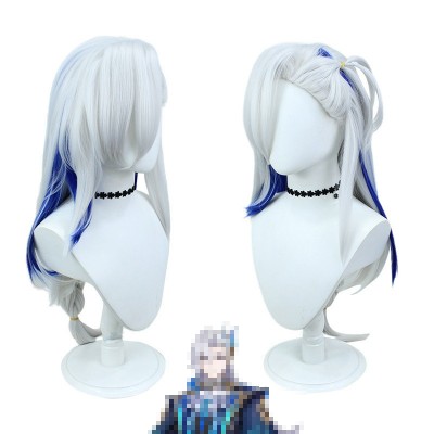  Genshin Impact Thoma Cosplay Wigs Silver Highlight Blue Long Hair 85CM