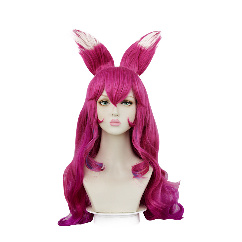 League of Legends Ahri Cosplay Wig Dark Pink Long Wig with Cap Anime Wigs 75CM