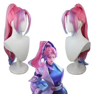Rena of Valor Yorn Cosplay Wig - Pink Wig with Highlight Blue and Cap for Men 75CM Bold Colors, Comfortable Fit, Bring Your Anime Hero to Life