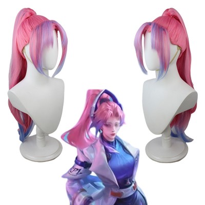 rena of Valor Yorn Cosplay Wig Pink Wig Highlight Blue with Cap Anime Wigs for Men 75CM