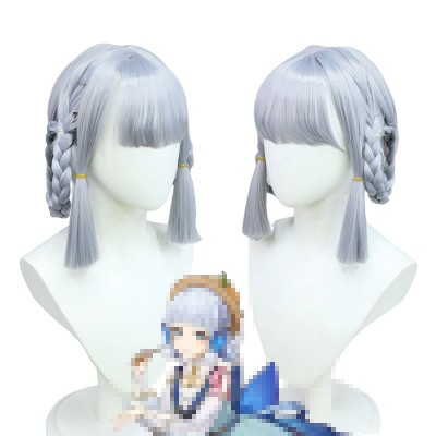 Genshin Impact Kamisato Ayaka Flowers Blooming Under the Moon Cosplay Wig Silver Short Wig with Bangs Anime Wigs for Adults 35CM