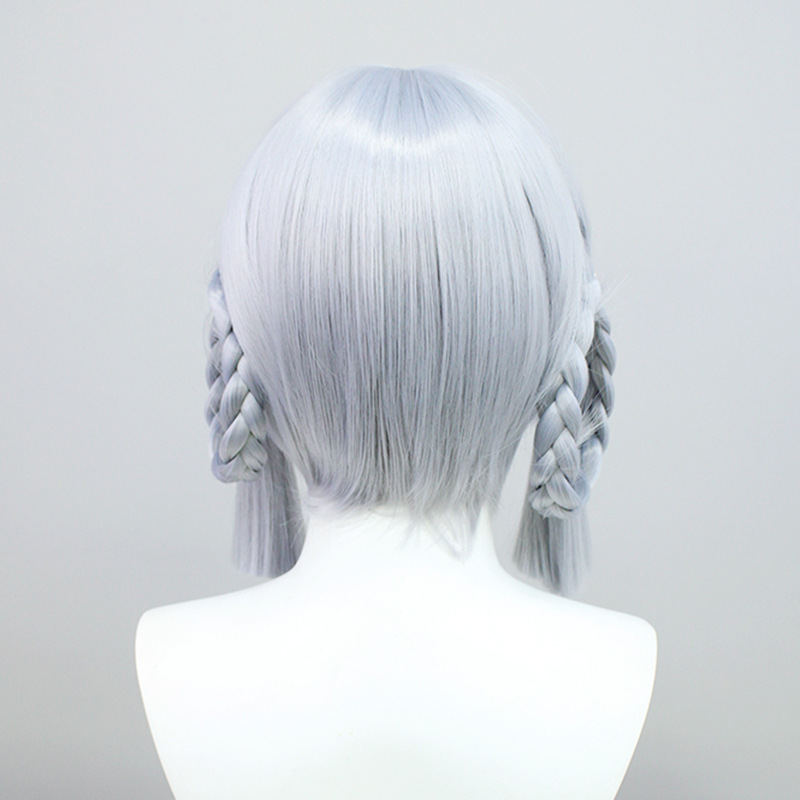 Genshin Impact Kamisato Ayaka Flowers Blooming Under the Moon Cosplay Wig Silver Short Wig with Bangs Anime Wigs for Adults 35CM