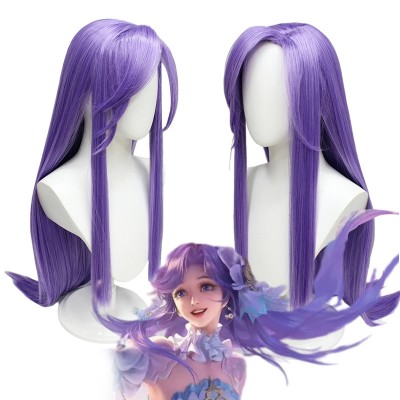 Arena of Valor True Love Bride Da Qiao Cosplay Wig Purple Long Hair with Cap Anime Wigs for Women and Children Halloween Party 90CM