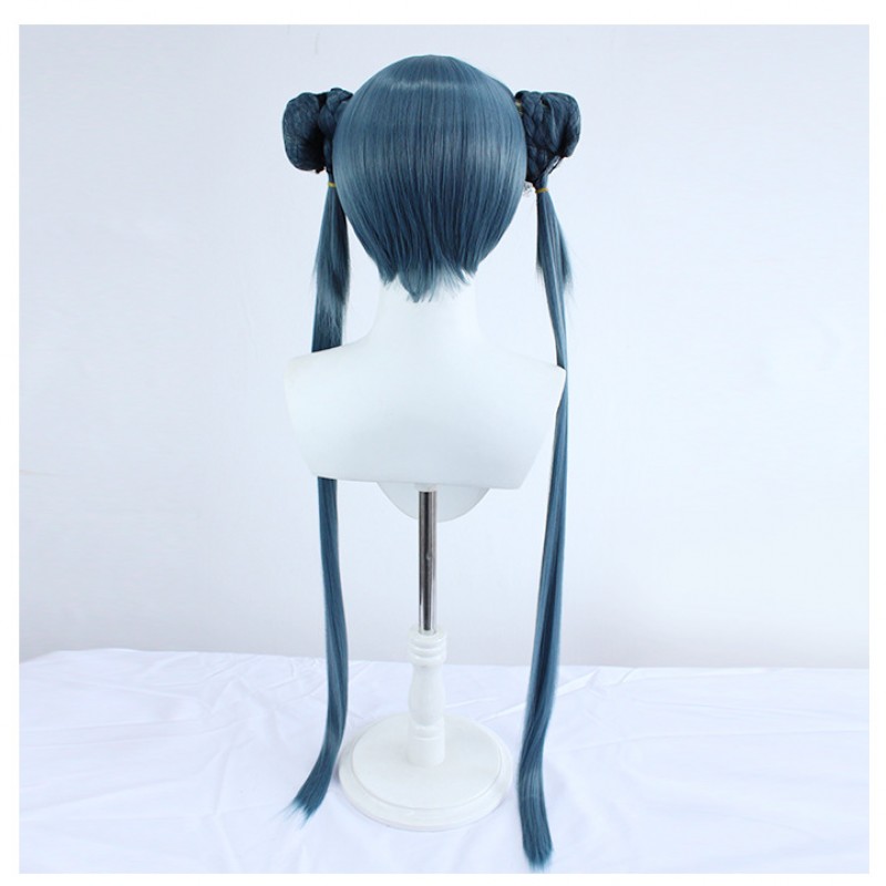 Genshin Impact Qiqi Cosplay Wig Black Blue Long Wig with Cap Anime Wigs for Adults Halloween Christmas Carnival Party 80CM