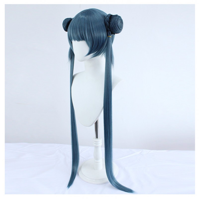 Genshin Impact Qiqi Cosplay Wig Black Blue Long Wig with Cap Anime Wigs for Adults Halloween Christmas Carnival Party 80CM