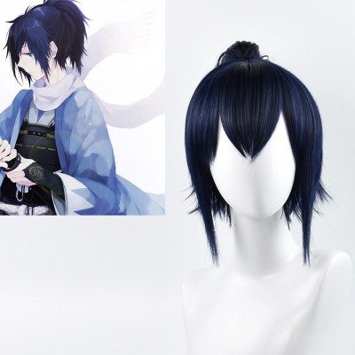 Touken Ranbu Yamato no Kami Yasusada Cosplay Wig Black Blue Short Wig with Cap Anime Wigs 30CM Dual-Toned Elegance, Authentic Details, and Secure Fit for a Legendary Sword Warrior's Spirit