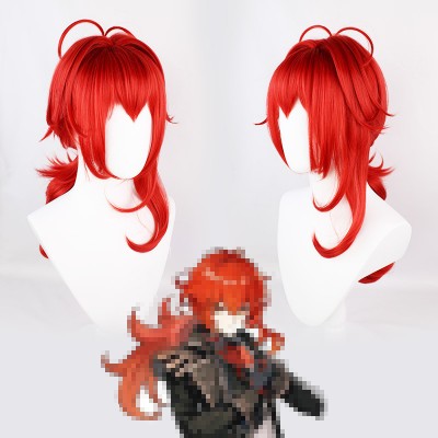 【Flame Guardian】Diluc Genshin Impact Cosplay Wig - Command Respect with Fiery Red, 60CM Luxe Curls & Secure Cap