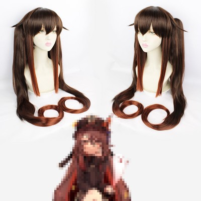 Genshin Impact Hu Tao Cosplay Wig 100 cm Long Straight Hair Brown Red with Cap Anime Wigs for Women or Children Halloween Christmas Carnival Party 100CM