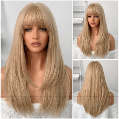 Beige Gold Gleam 60cm Synthetic Wig, Long Straight Layers – Warm Beige Tinge, Effortless Texture, Illuminate Your Feminine Allure 