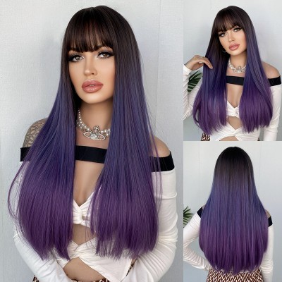 Synthetic Wig Yinraohair Barbie Brown Purple Wig Long Straight Hair With Bangs Stylish Full Head Set Ready To Go