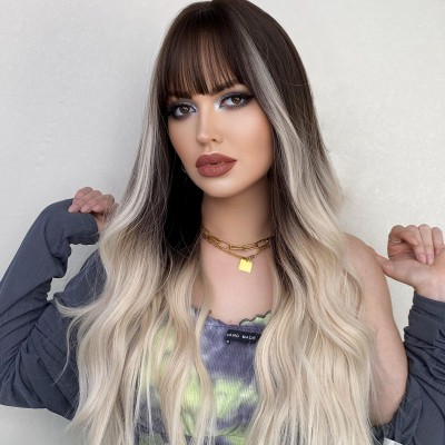 Long Curly Wig with Platinum Blonde Fluffy Air Bangs Synthetic Wig