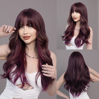 Ombre Purple Straight Bangs Long Wavy Wig with Big Waves