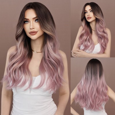 Dreamy Pink to Purple Gradient Long Wavy Wig with Middle Part