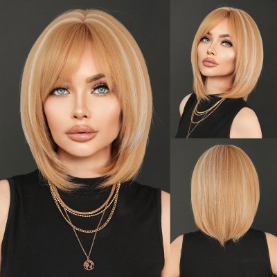 Synthetic Wig Golden Highlights on White Bob Wig with Side-swept Bangs and Short Straight Hair