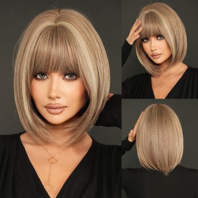 Synthetic Wig Ash Brown Highlights on Short Hair with Blunt Bangs