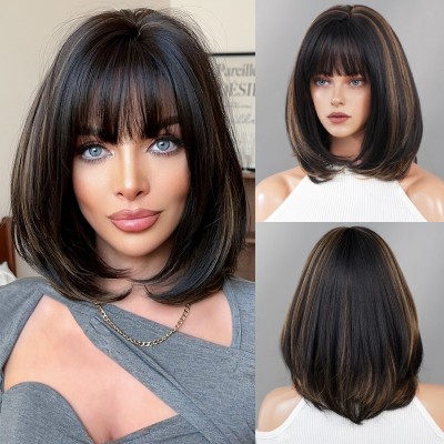 Synthetic Wig Shoulder-Length Bob Wig with Short Straight Hair and Black-Gold Highlights