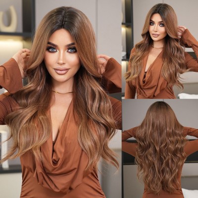 Synthetic Hair Wig Center-Part Brown Ombre Long Hair with Loose Waves