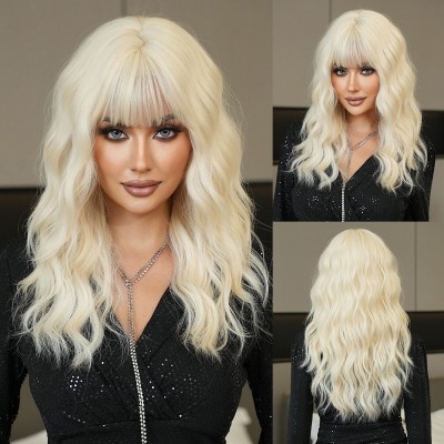 Synthetic Hair Wig Latinum Blonde Mid-Length Wavy Wig with Blunt Bangs 