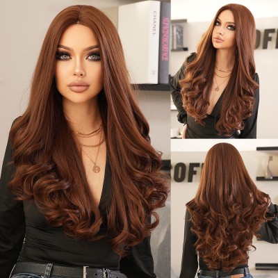 Synthetic Hair Wig Cocoa Brown Long Curly Hair with Side Part Bangs and Big Waves Wig