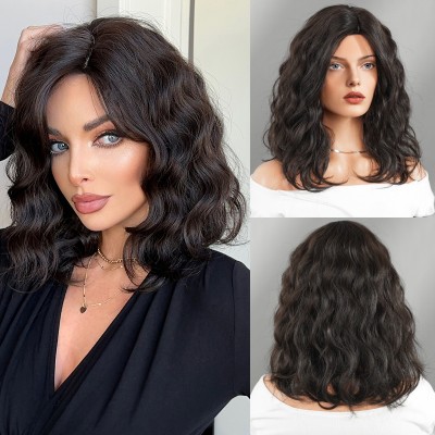 Synthetic Wig Aging Reduction Hairstyle for Medium-Length Wavy Bob Brown